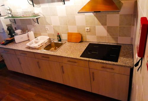 a kitchen with a sink and a stove at Casa do Salgueirinho in Casal do Rei