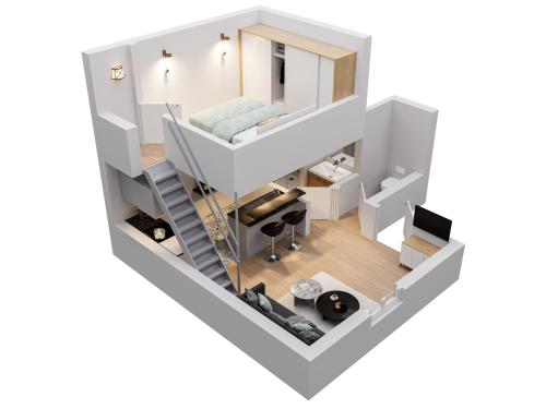 a rendering of a bedroom and living room in a tiny house at L'Authentique Centre-ville Charme & Confort in Cognac