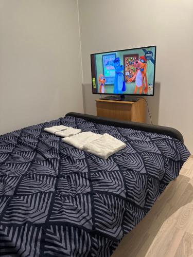 a bedroom with a bed and a flat screen tv at Ade 1 in Oulu