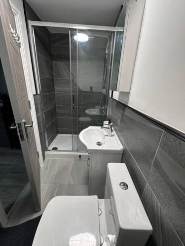 a bathroom with a toilet and a shower and a sink at Home in Leicester! in Leicester