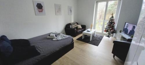 - un salon avec un arbre de Noël et un canapé dans l'établissement NEW appartement proche gare et centre-ville, à Colmar