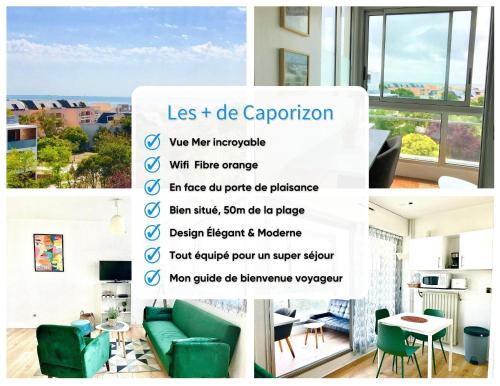 un collage de photos d'un salon avec un mobilier vert dans l'établissement Caporizon-Cap 239-Vue Mer-T1 à 50m Plage, à La Rochelle