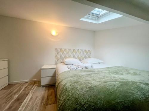 Gagny的住宿－La Perle - Duplex Jardin proche Paris，一间卧室设有一张大床和天窗