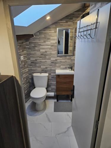 une salle de bain avec toilettes et lavabo dans l'établissement Studio spacieux, chaleureux et refait à neuf., à Béziers