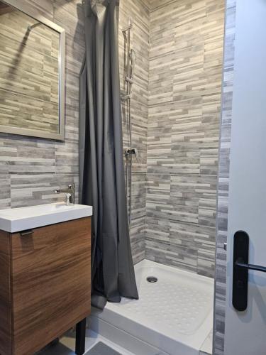 une salle de bain avec une douche avec un lavabo et une baignoire dans l'établissement Studio spacieux, chaleureux et refait à neuf., à Béziers