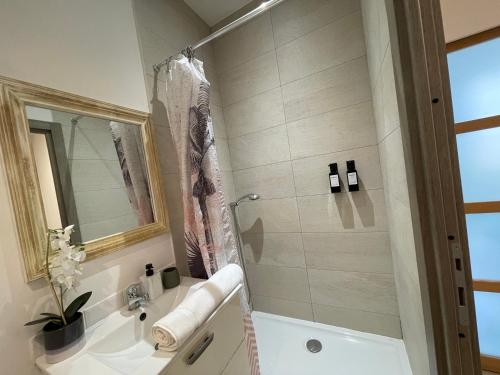 ein Badezimmer mit Badewanne, Waschbecken und Dusche in der Unterkunft Charming Haven in Antibes in Antibes