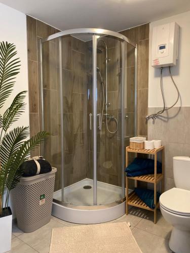 a shower with a glass door in a bathroom at Stodoła in Postomino