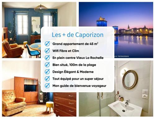 un collage de photos d'une salle de bains avec un panneau dans l'établissement Caporizon-Le Perot-T2 au coeur du vieux port 100m plage, à La Rochelle