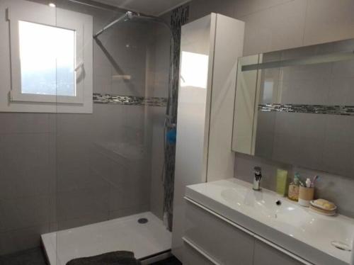 ein Bad mit einer Dusche, einem Waschbecken und einem Spiegel in der Unterkunft Appartement cocooning in Ajaccio