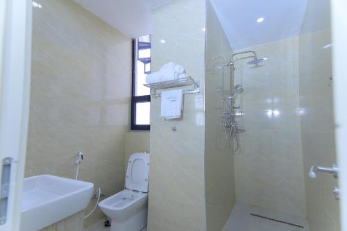 a bathroom with a shower and a toilet and a sink at Zemilo Hotel Apartment in Addis Ababa