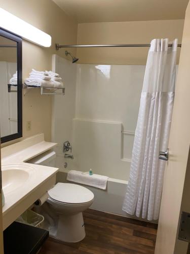 La salle de bains est pourvue de toilettes, d'un lavabo et d'une douche. dans l'établissement Suburban Studios, à Auburn Hills
