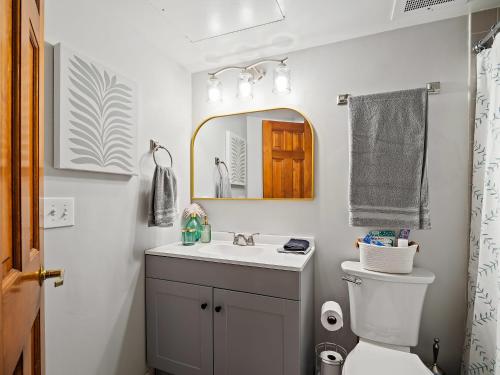W łazience znajduje się umywalka, toaleta i lustro. w obiekcie Downtown Condo w mieście Cleveland
