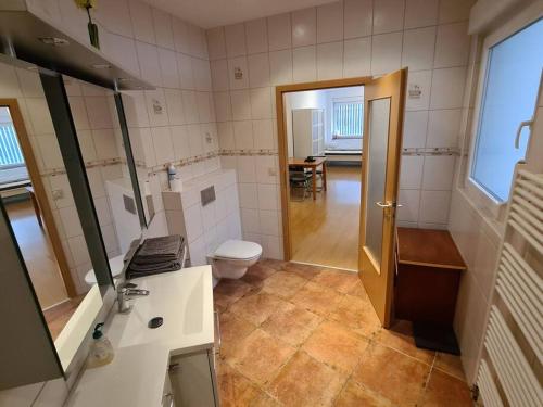 a bathroom with a toilet and a sink and a mirror at City Central Apartment in Kaiserslautern