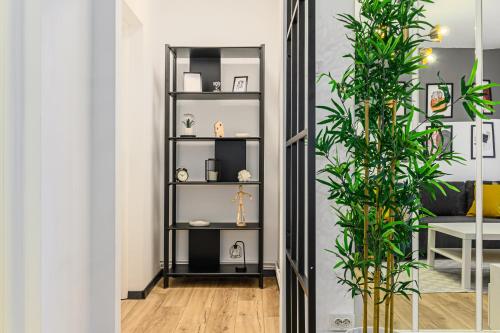 a room with a black book shelf with plants at Travelers Hideout - Central Apartment in Braşov