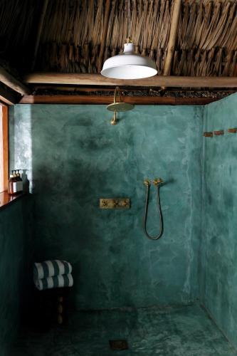 a shower in a room with a green wall at Jade Jungle Resort in Teakettle Village