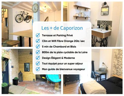 eine Collage aus Bildern eines Raumes mit einem Schild in der Unterkunft Caporizon-L'Atelier-Aux portes du chateau de Chambord in Saint-Claude-de-Diray