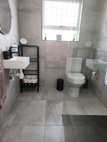 a bathroom with a toilet and a sink and a window at Serendip@sea in Cape Town