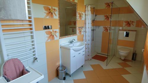 DzianiszにあるWilla Rąbanisko z sauną fińskąのバスルーム(シンク、シャワー、トイレ付)