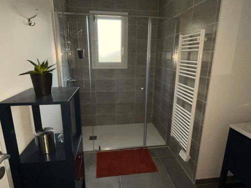 een douche met een glazen deur in de badkamer bij LA VREMONTOISE in Mâcon