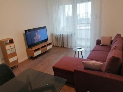 a living room with a couch and a flat screen tv at Central Apartment no2. in Zagreb