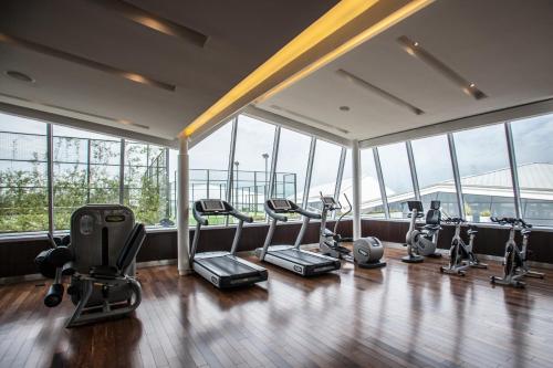 a gym with several treadmills and ellipticals in a room with windows at Hotel Pullman City Center Rosario in Rosario