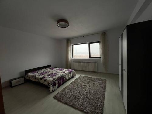1 dormitorio con cama, ventana y alfombra en Vila Petreceri Evenimente Aniversari Majorate Cornetu, en Cornetu