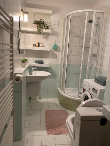 a bathroom with a shower and a sink and a toilet at City Apartment in Piešťany