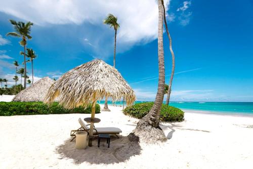 una spiaggia con una sedia, un ombrellone di paglia e palme di Special offer! Villa Bueno with private pool&beach a Punta Cana