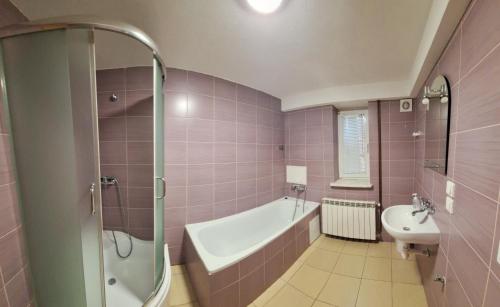 a bathroom with a shower and a tub and a sink at Sen na Roztoczu in Szczebrzeszyn