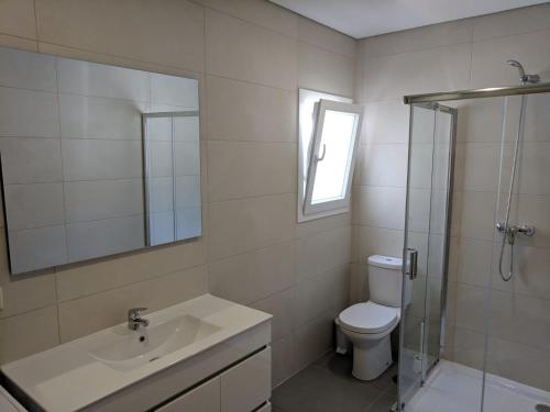 La salle de bains est pourvue de toilettes, d'un lavabo et d'une douche. dans l'établissement Casas do Corgo, à Vila Real