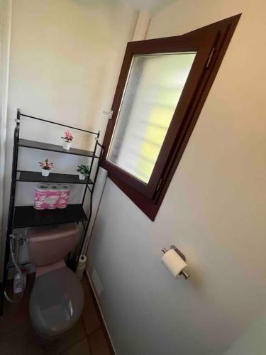 La salle de bains est pourvue de toilettes roses et d'une fenêtre. dans l'établissement P1- Maison 2min metro PARIS-EXPO 3 chambres 3 lits, à Châtillon