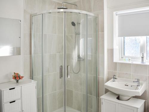 a bathroom with a shower and a sink at Glebeside Retreat in Satley