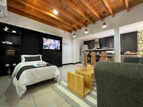 um quarto com uma cama e uma sala de estar em Ayres home em Mendoza