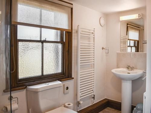 a bathroom with a toilet and a sink and a window at Quince Cottage in Clifton