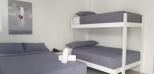 een slaapkamer met 2 bedden en een stapelbed bij Hotel Villa Del Mar in Salinas