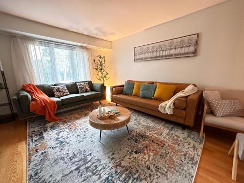 a living room with two couches and a table at Cozy 3 bdr Retreat in a Prime location in Streamwood