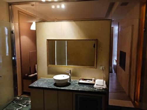 uma casa de banho com um lavatório e um espelho em 金利星精品旅館 em Nan-p'ing