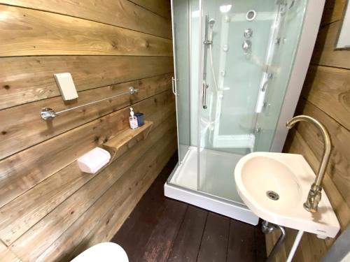 uma casa de banho com um chuveiro e um lavatório. em Yadoya LOTUS - Vacation STAY 34250v em Kabira