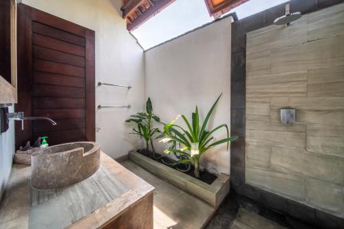a bathroom with a tub and a plant at Villa Bewa in Seminyak