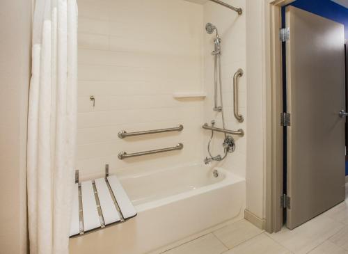 een badkamer met een bad en een douche met een douchegordijn bij Holiday Inn Express & Suites Reedsburg - Dells Area, an IHG Hotel in Reedsburg