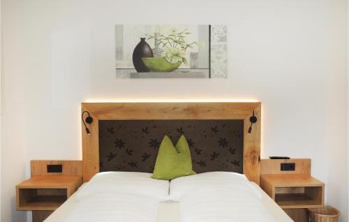 フラッハウにあるAmazing Apartment In Flachau With 2 Bedrooms And Wifiのベッド(緑の枕、木製ヘッドボード付)
