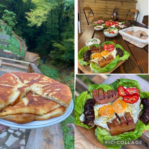 eine Collage mit drei Bildern von Essen auf einem Tisch in der Unterkunft Căsuța din Pădure in Hunedoara