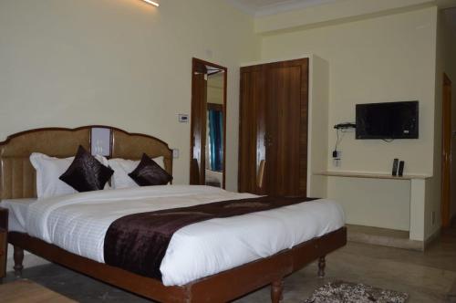 Hotel Vinayakam في أودايبور: غرفة نوم بسرير كبير وتلفزيون