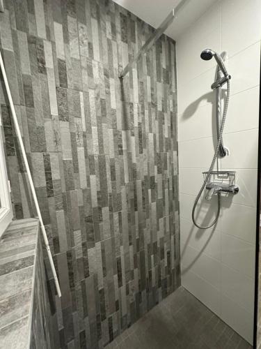a bathroom with a shower with a tiled wall at Appart , maison, équipée avec terrasse ,près centre ville in Saint-Jean-le-Blanc