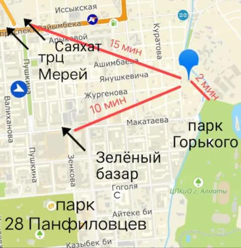 a map of a city with a red line at Уютное место в центре городА in Almaty