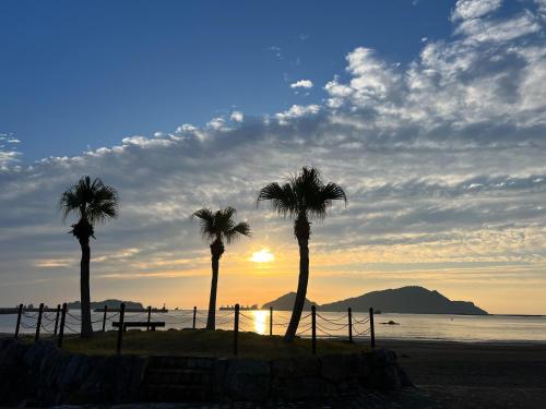 a group of palm trees on a beach with the sunset at サンライズ日南 in Nichinan