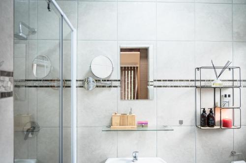 La salle de bains est pourvue d'une douche, d'un lavabo et d'un miroir. dans l'établissement Bosveld Villa, à Marloth Park