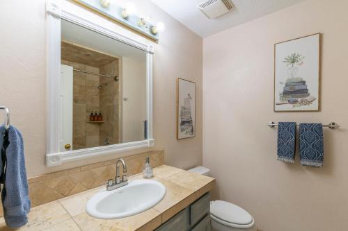 a bathroom with a sink and a toilet and a mirror at Business in Front and Fun in the Back Pets too in Orem