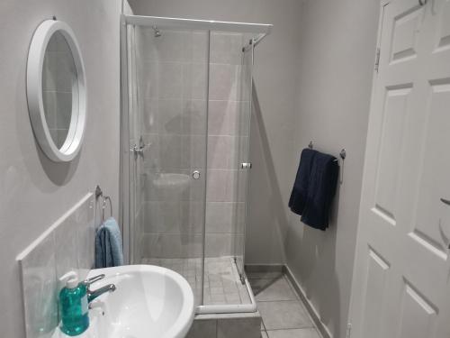 聖約翰斯港的住宿－Amapondo Backpackers Lodge，带淋浴、盥洗盆和镜子的浴室