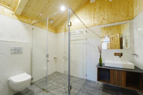 a bathroom with a glass shower and a toilet at Tree house Latos Tandi in Jibhi